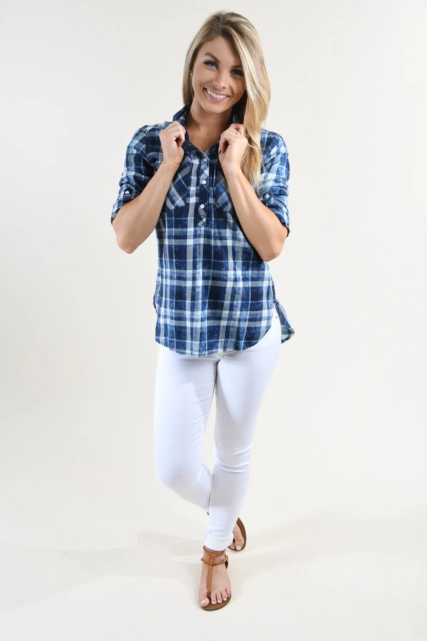 Never Blue Button Distressed Top