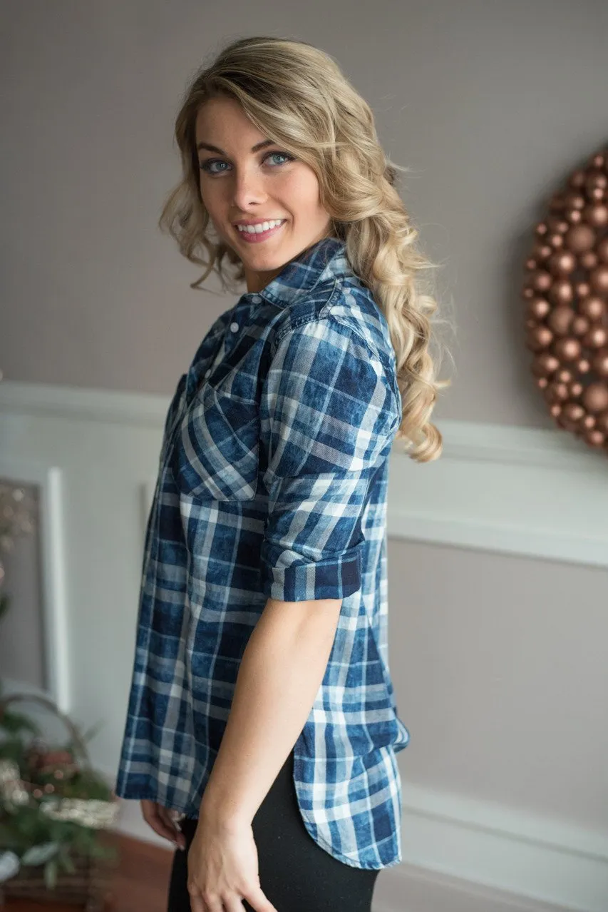 Never Blue Button Distressed Top