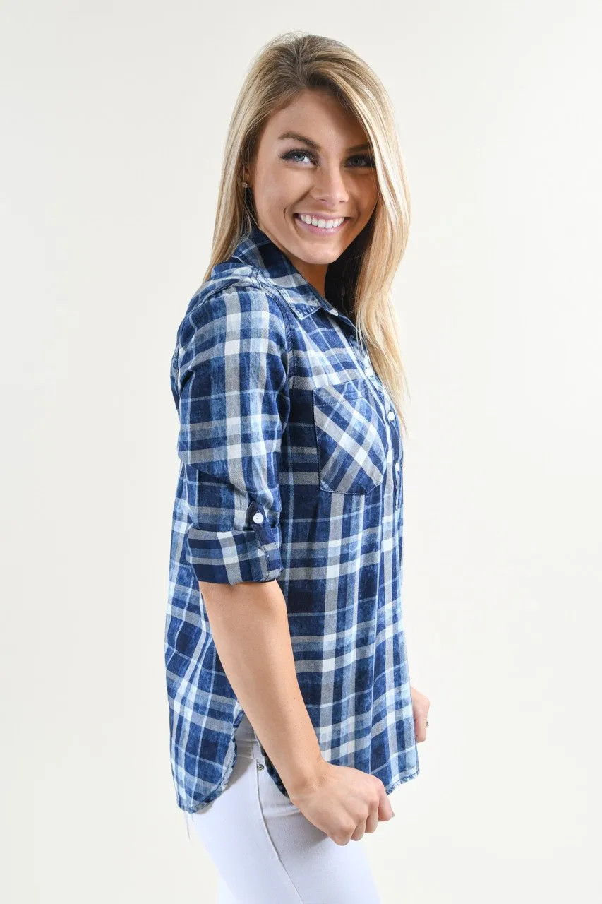 Never Blue Button Distressed Top