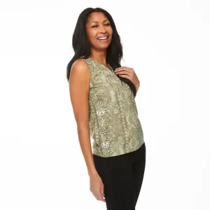 New Penmans Women's Smocked Sleeveless Henley in Green, Sz S