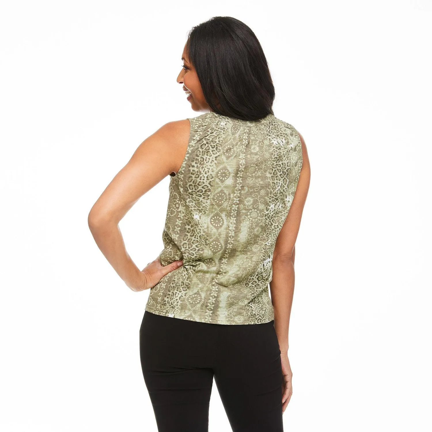 New Penmans Women's Smocked Sleeveless Henley in Green, Sz S