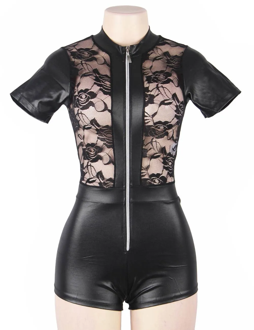 New Short Sleeve Wet Look And Lace Bodysuit With Farawlaya