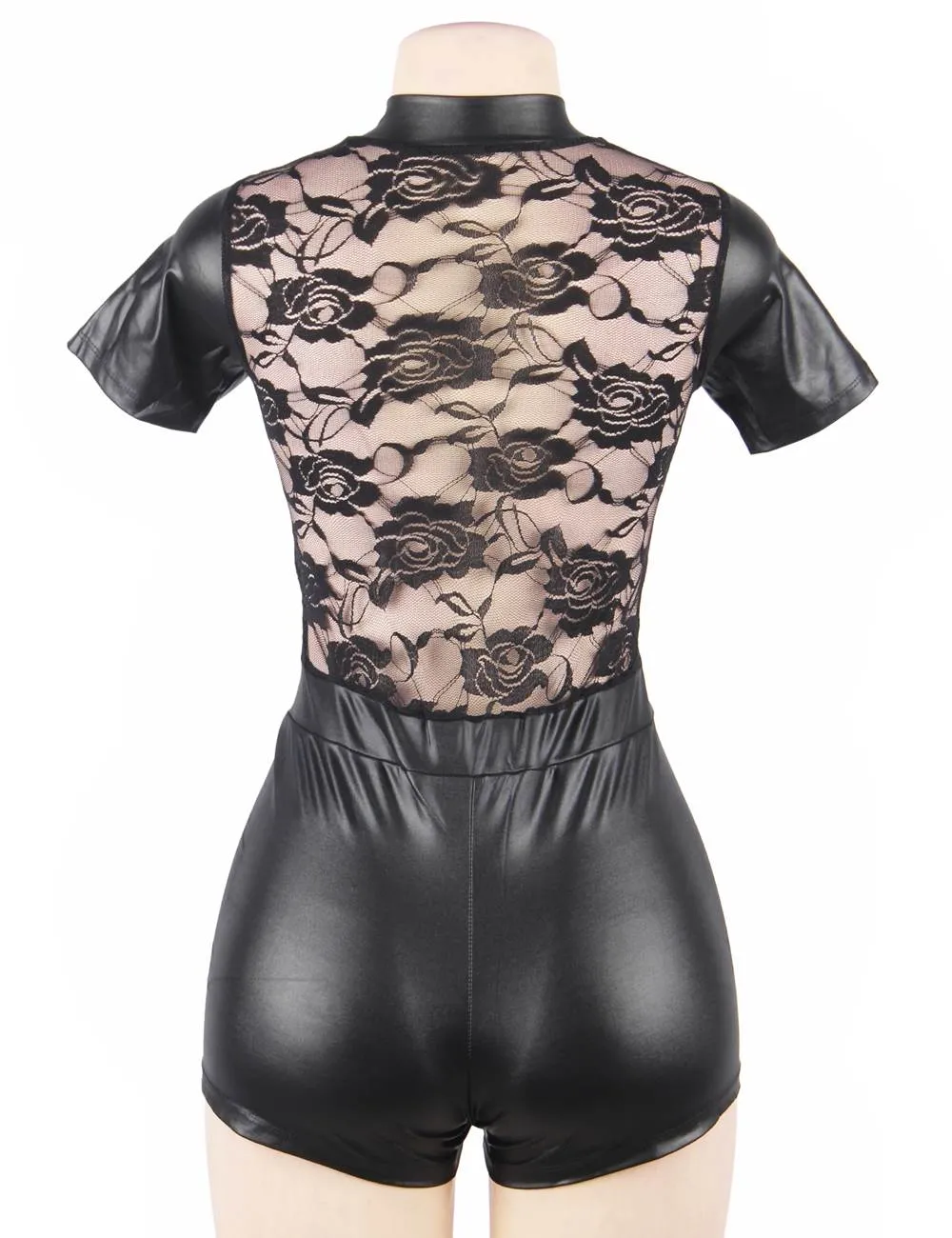 New Short Sleeve Wet Look And Lace Bodysuit With Farawlaya