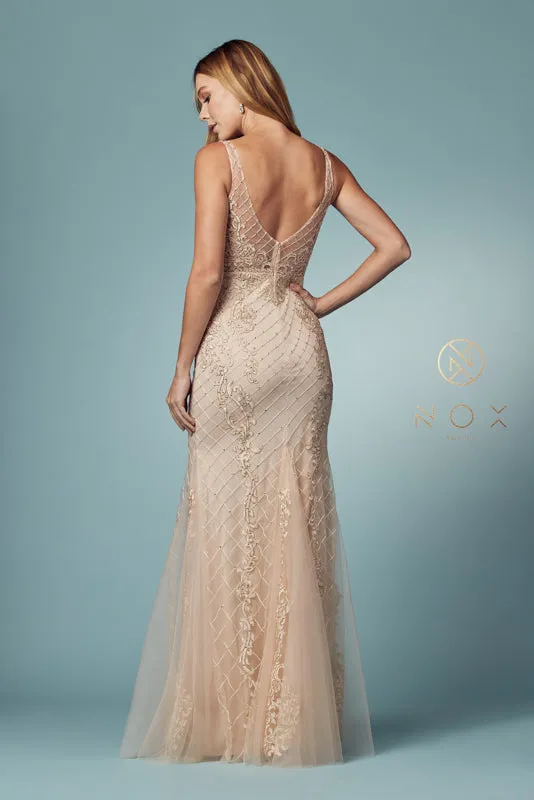 NOX ANABEL A398 Sleeveless V Neck Beaded Lace Trumpet Gown