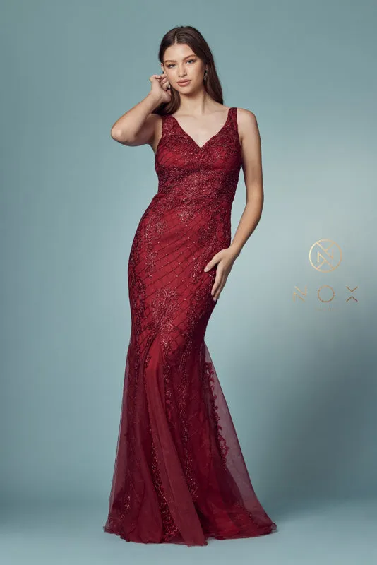 NOX ANABEL A398 Sleeveless V Neck Beaded Lace Trumpet Gown