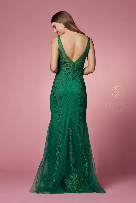 NOX ANABEL A398 Sleeveless V Neck Beaded Lace Trumpet Gown