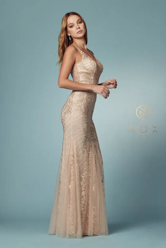 NOX ANABEL A398 Sleeveless V Neck Beaded Lace Trumpet Gown