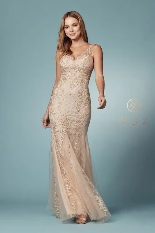 NOX ANABEL A398 Sleeveless V Neck Beaded Lace Trumpet Gown