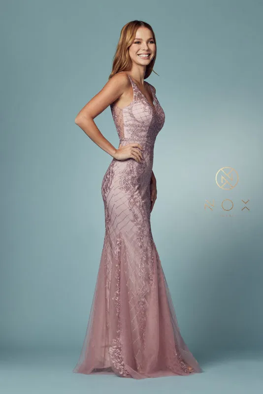 NOX ANABEL A398 Sleeveless V Neck Beaded Lace Trumpet Gown