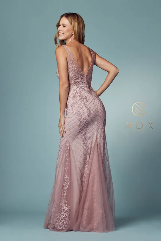 NOX ANABEL A398 Sleeveless V Neck Beaded Lace Trumpet Gown