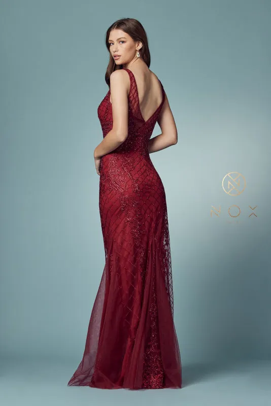 NOX ANABEL A398 Sleeveless V Neck Beaded Lace Trumpet Gown