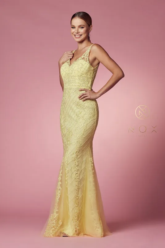 NOX ANABEL A398 Sleeveless V Neck Beaded Lace Trumpet Gown