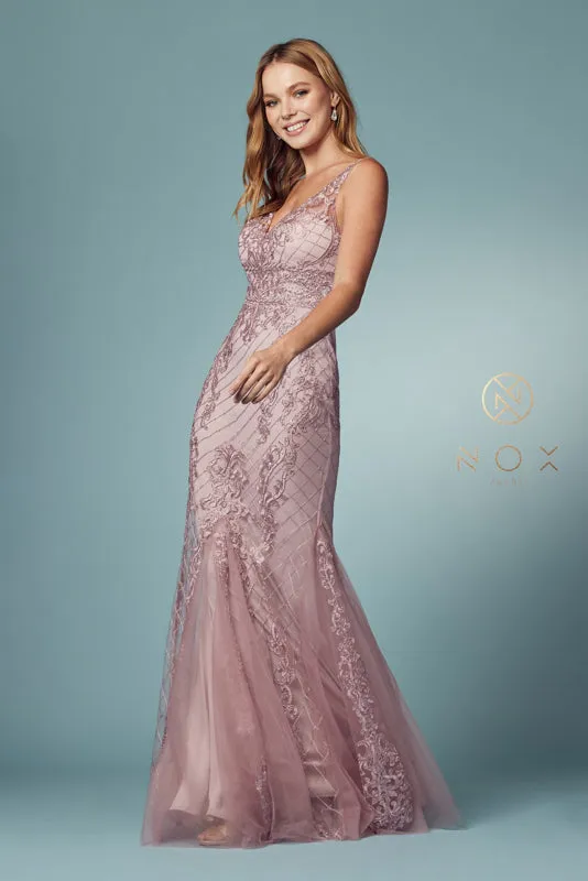 NOX ANABEL A398 Sleeveless V Neck Beaded Lace Trumpet Gown
