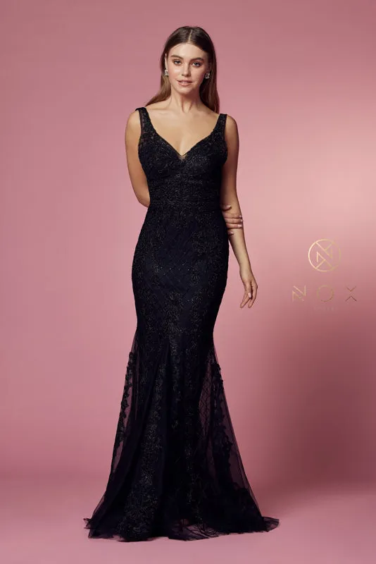 NOX ANABEL A398 Sleeveless V Neck Beaded Lace Trumpet Gown