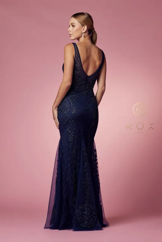 NOX ANABEL A398 Sleeveless V Neck Beaded Lace Trumpet Gown