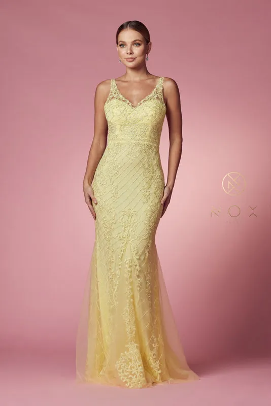 NOX ANABEL A398 Sleeveless V Neck Beaded Lace Trumpet Gown