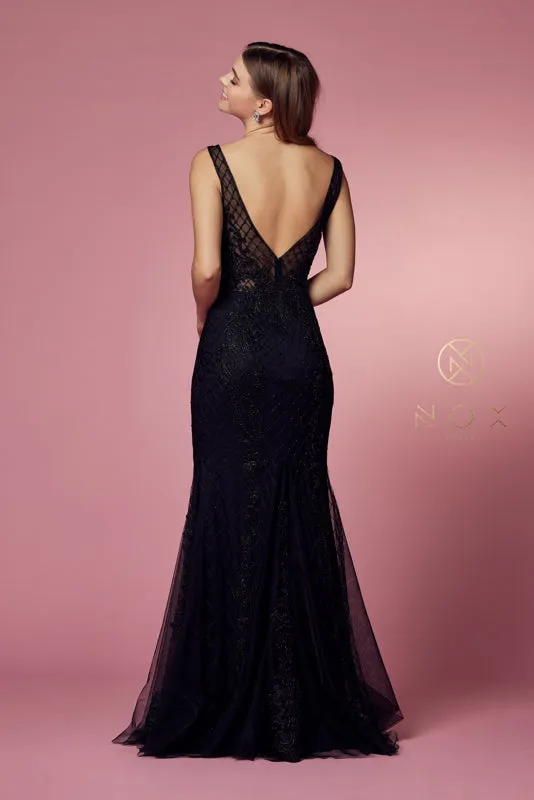 NOX ANABEL A398 Sleeveless V Neck Beaded Lace Trumpet Gown
