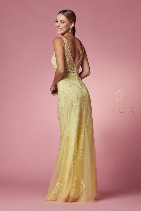 NOX ANABEL A398 Sleeveless V Neck Beaded Lace Trumpet Gown