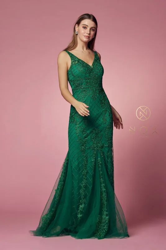 NOX ANABEL A398 Sleeveless V Neck Beaded Lace Trumpet Gown