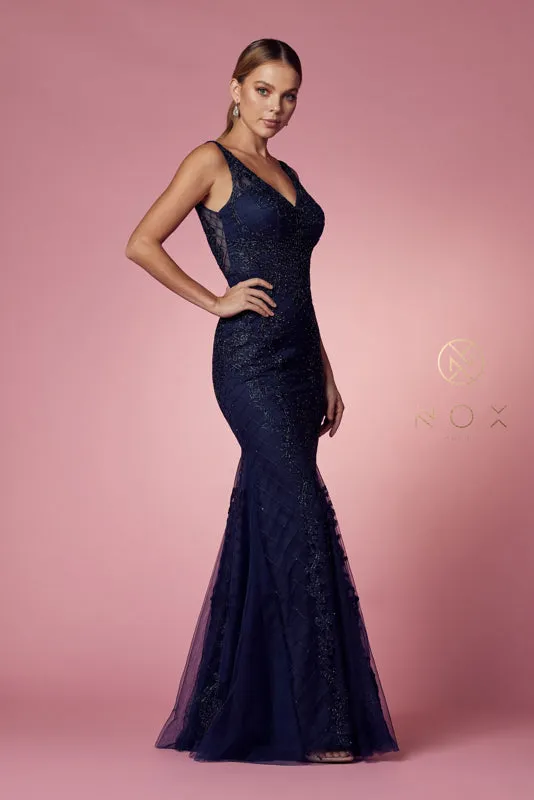 NOX ANABEL A398 Sleeveless V Neck Beaded Lace Trumpet Gown
