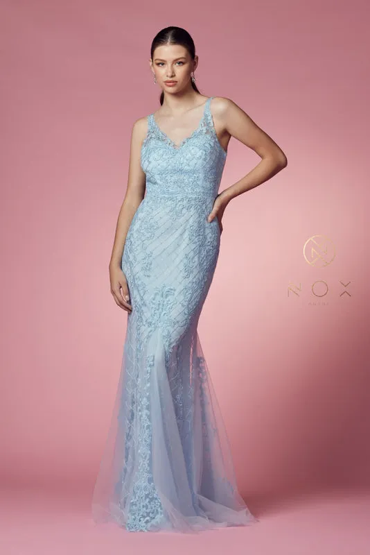 NOX ANABEL A398 Sleeveless V Neck Beaded Lace Trumpet Gown
