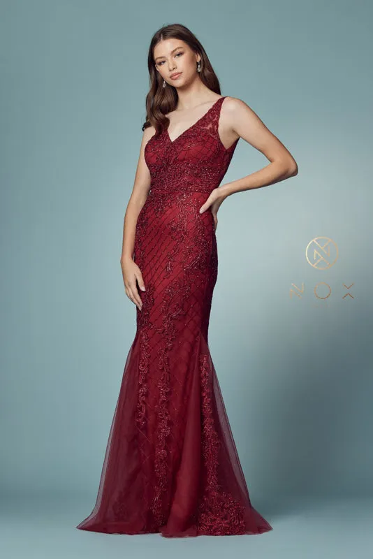 NOX ANABEL A398 Sleeveless V Neck Beaded Lace Trumpet Gown