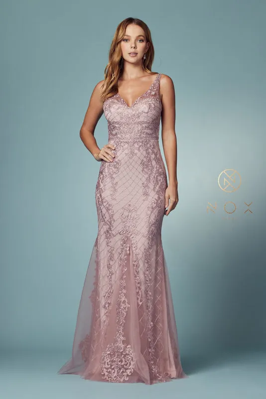 NOX ANABEL A398 Sleeveless V Neck Beaded Lace Trumpet Gown