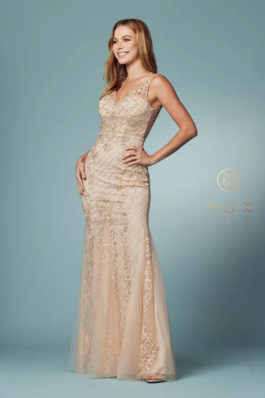 NOX ANABEL A398 Sleeveless V Neck Beaded Lace Trumpet Gown