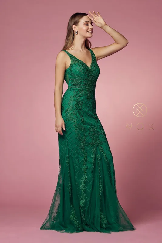 NOX ANABEL A398 Sleeveless V Neck Beaded Lace Trumpet Gown