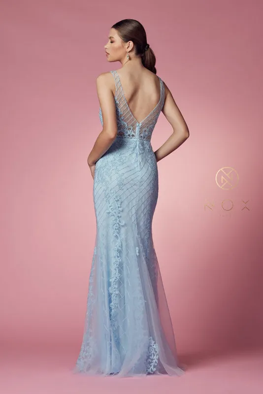 NOX ANABEL A398 Sleeveless V Neck Beaded Lace Trumpet Gown
