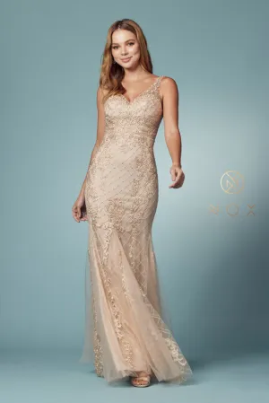 NOX ANABEL A398 Sleeveless V Neck Beaded Lace Trumpet Gown