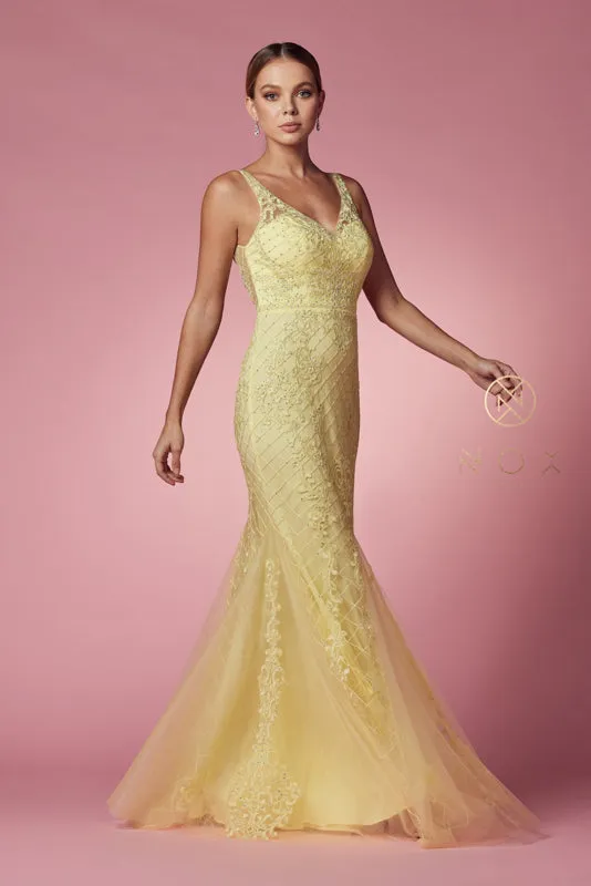NOX ANABEL A398 Sleeveless V Neck Beaded Lace Trumpet Gown