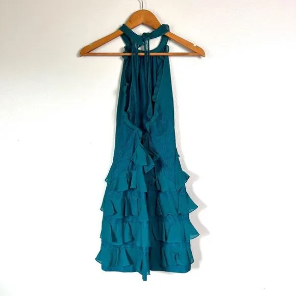 NWOT Rebecca Taylor Teal Green Lace Tiered Ruffle Halter Mini Dress