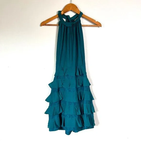 NWOT Rebecca Taylor Teal Green Lace Tiered Ruffle Halter Mini Dress