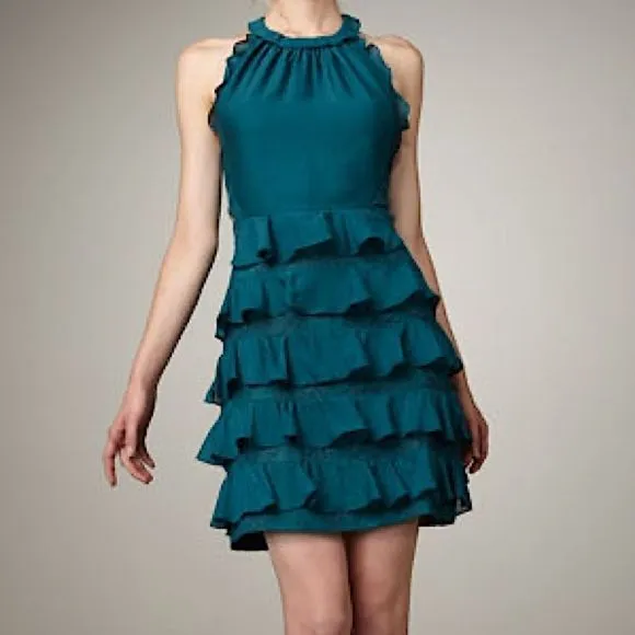 NWOT Rebecca Taylor Teal Green Lace Tiered Ruffle Halter Mini Dress