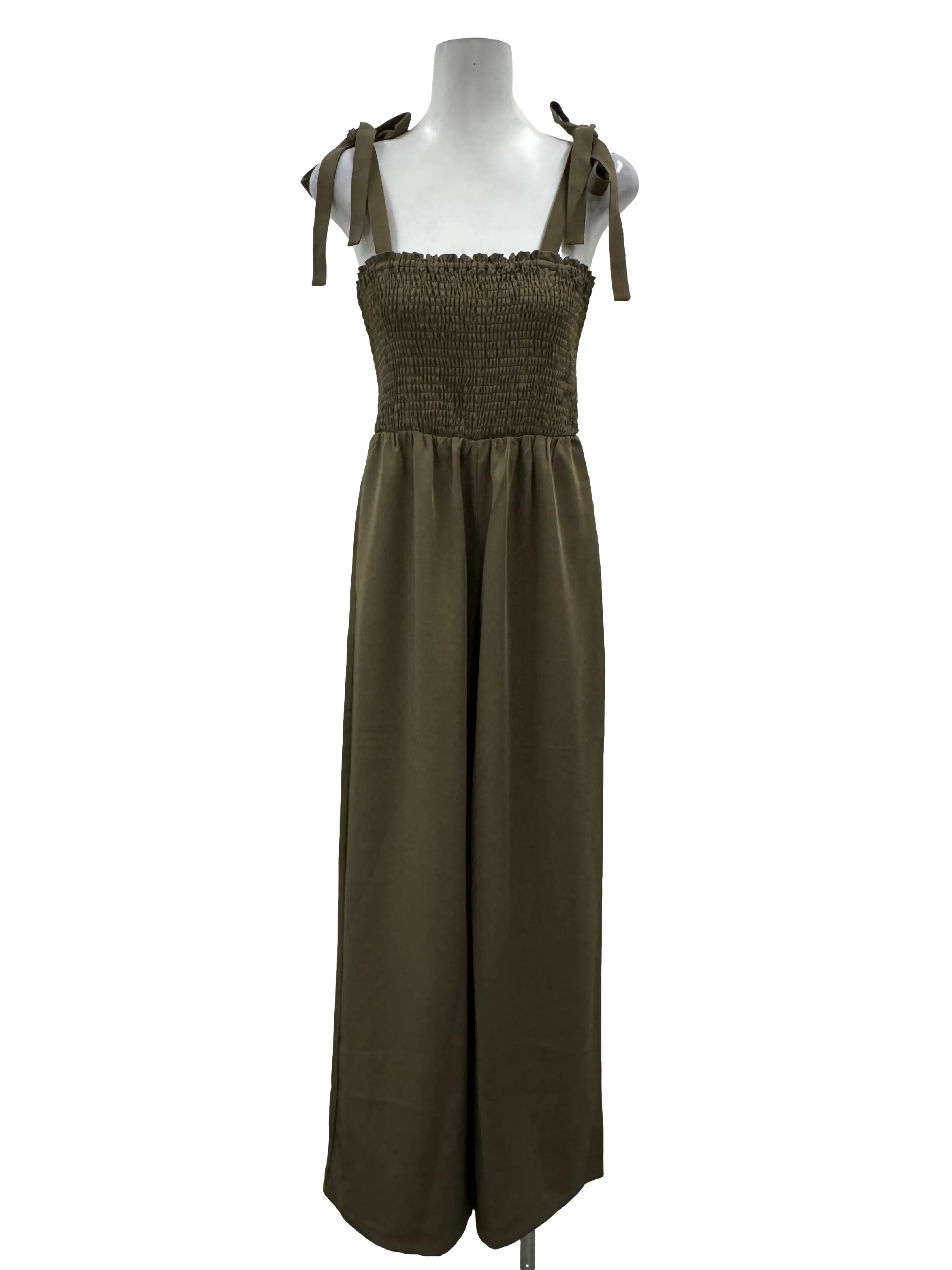Oat Brown Smocked Tie Jumpsuit