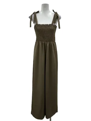 Oat Brown Smocked Tie Jumpsuit