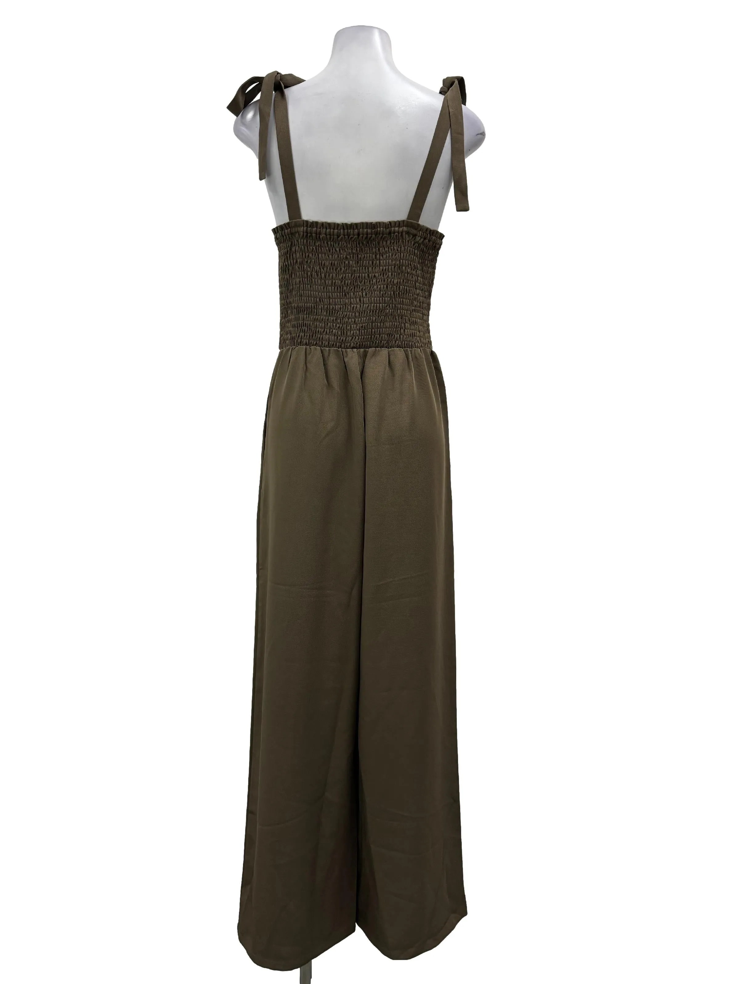 Oat Brown Smocked Tie Jumpsuit