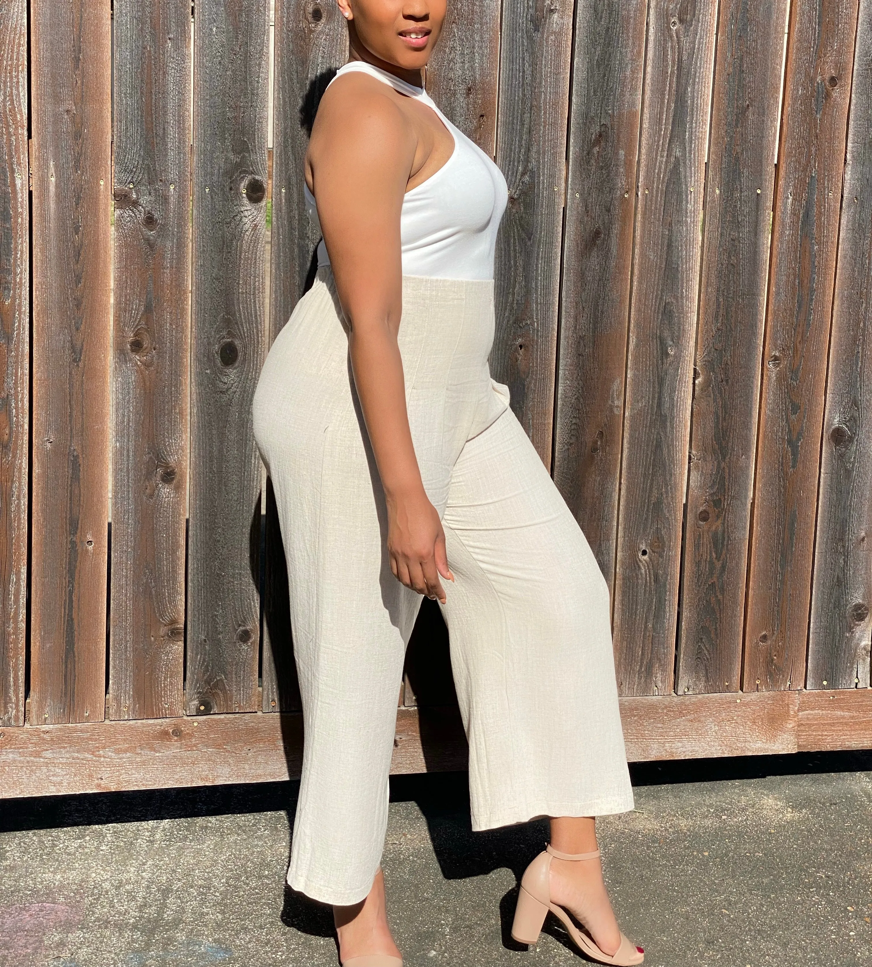 Oatmeal Pleated Cropped Linen Pants
