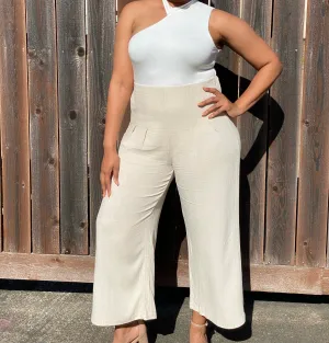 Oatmeal Pleated Cropped Linen Pants