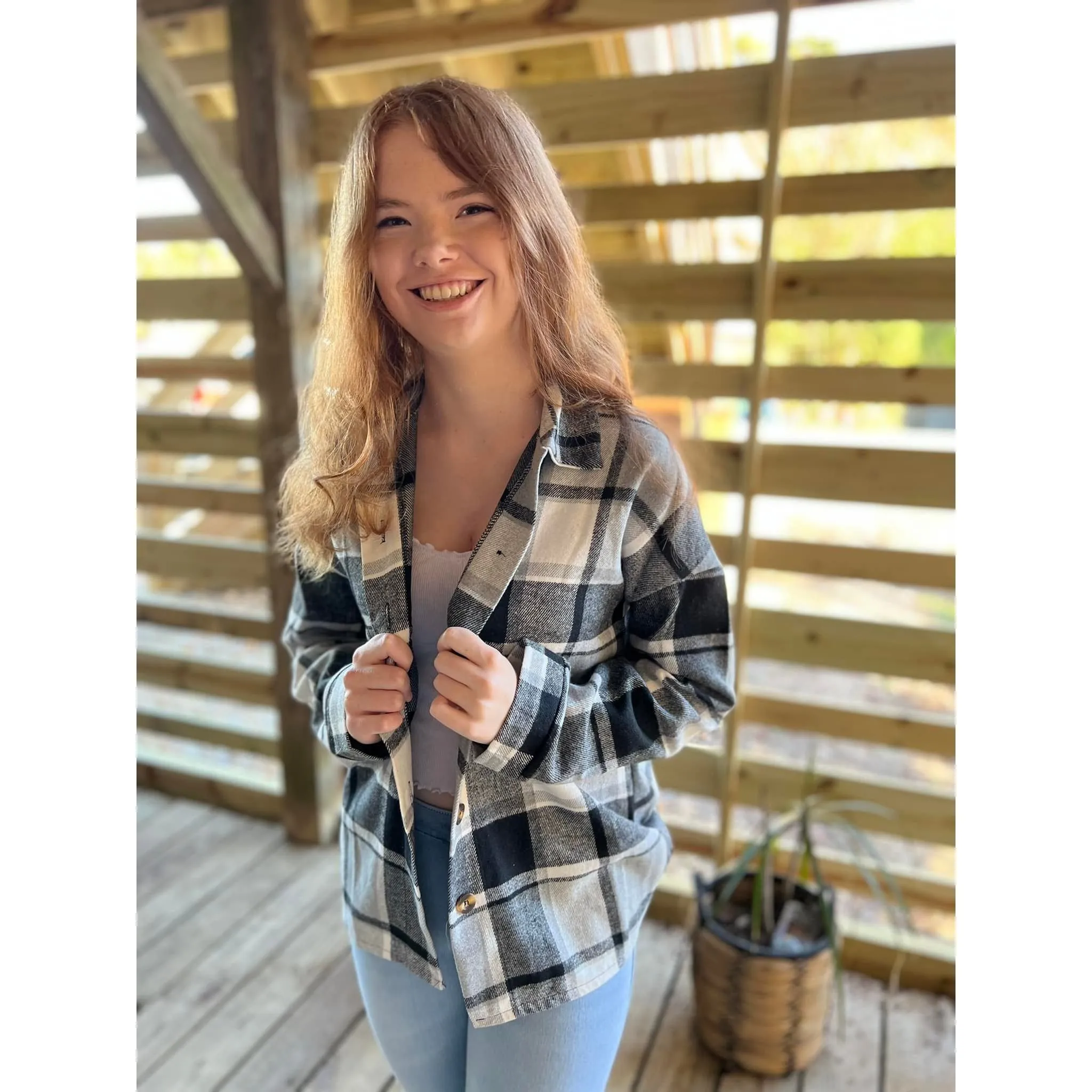 OBX brand Plaid Flannel Jacket Shacket in Black and Pink