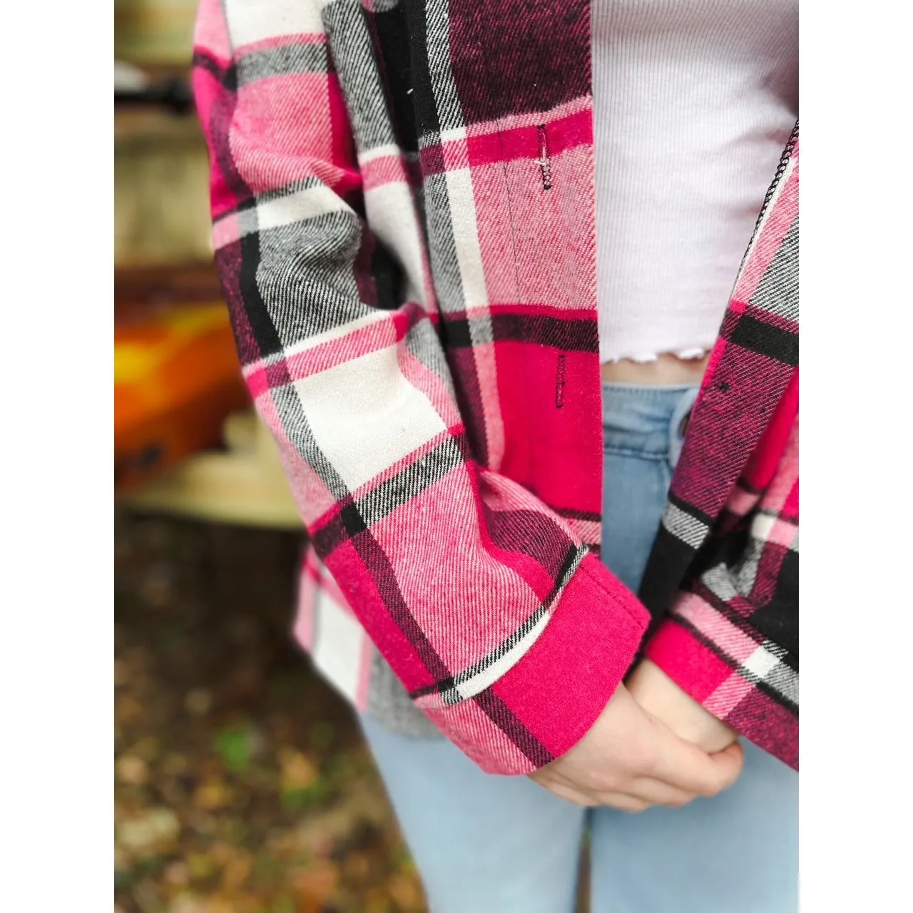 OBX brand Plaid Flannel Jacket Shacket in Black and Pink