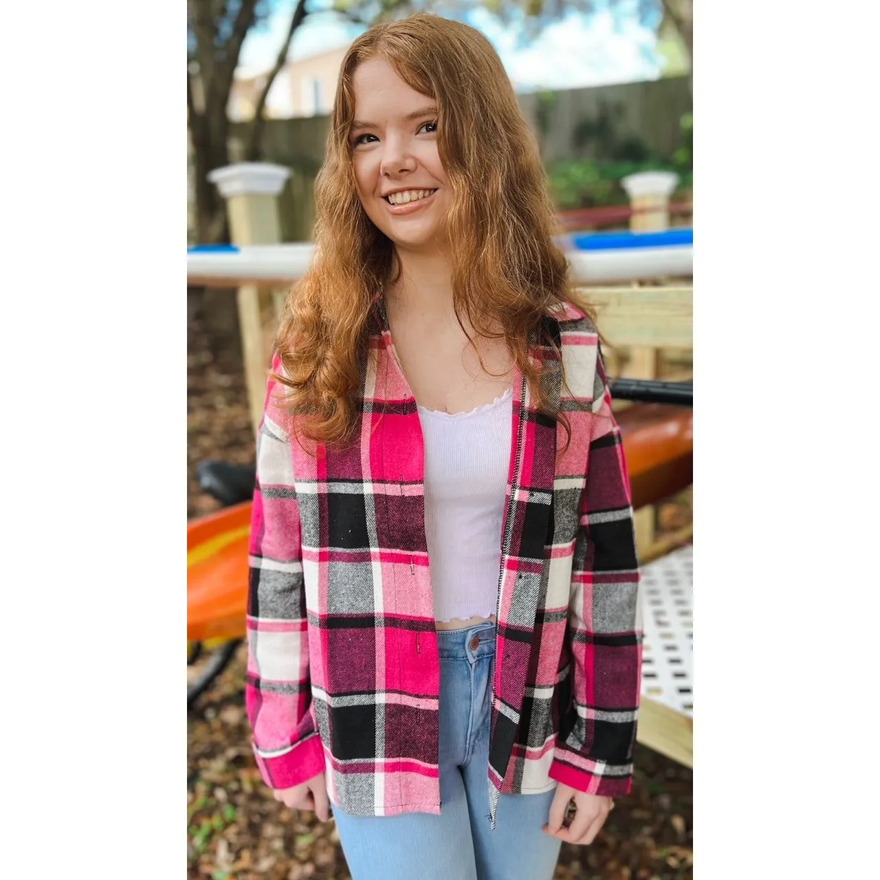 OBX brand Plaid Flannel Jacket Shacket in Black and Pink
