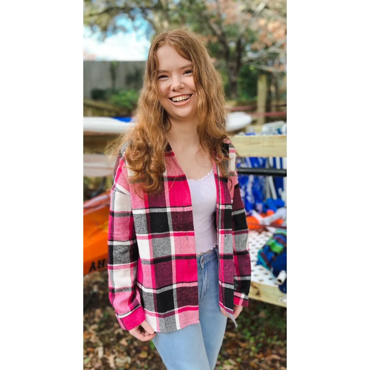 OBX brand Plaid Flannel Jacket Shacket in Black and Pink