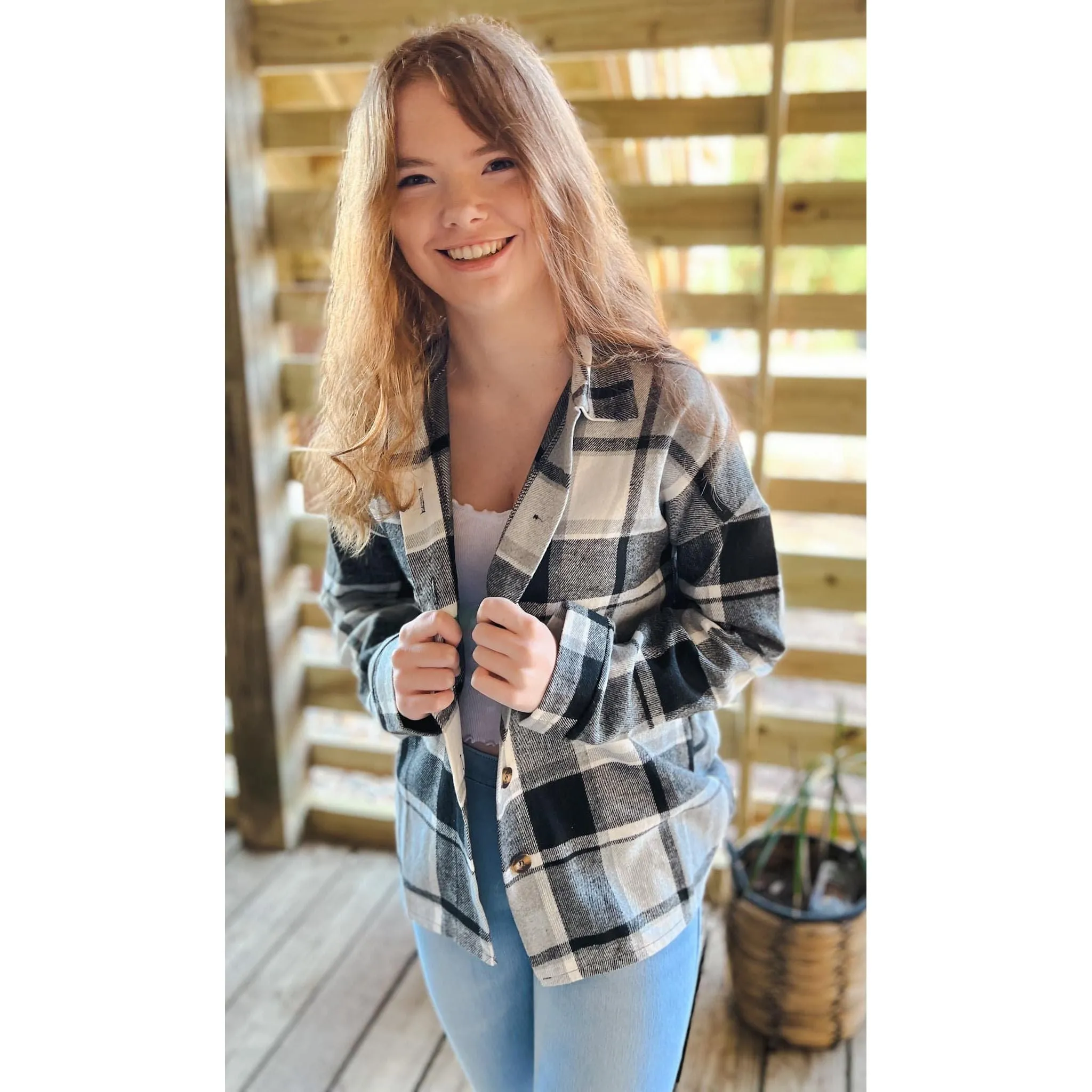 OBX brand Plaid Flannel Jacket Shacket in Black and Pink