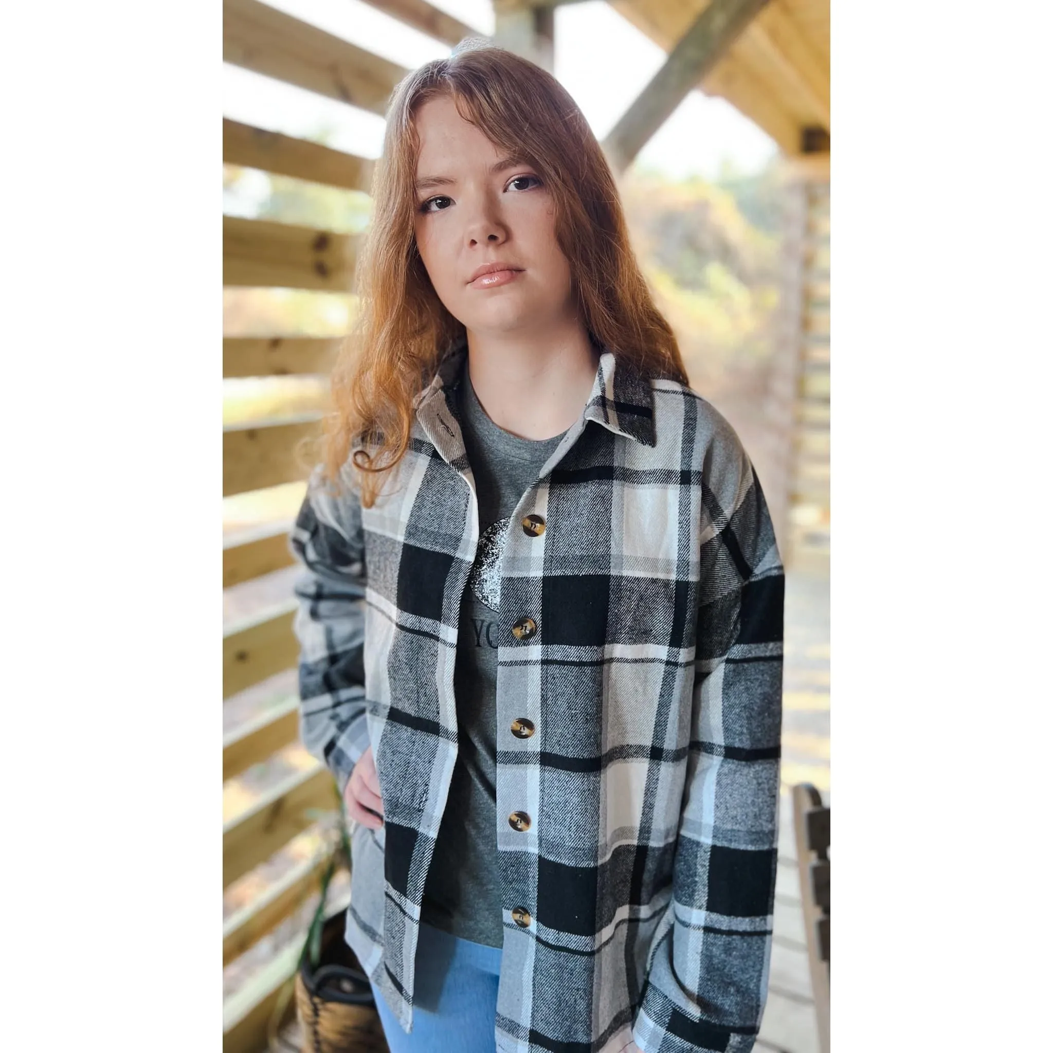 OBX brand Plaid Flannel Jacket Shacket in Black and Pink