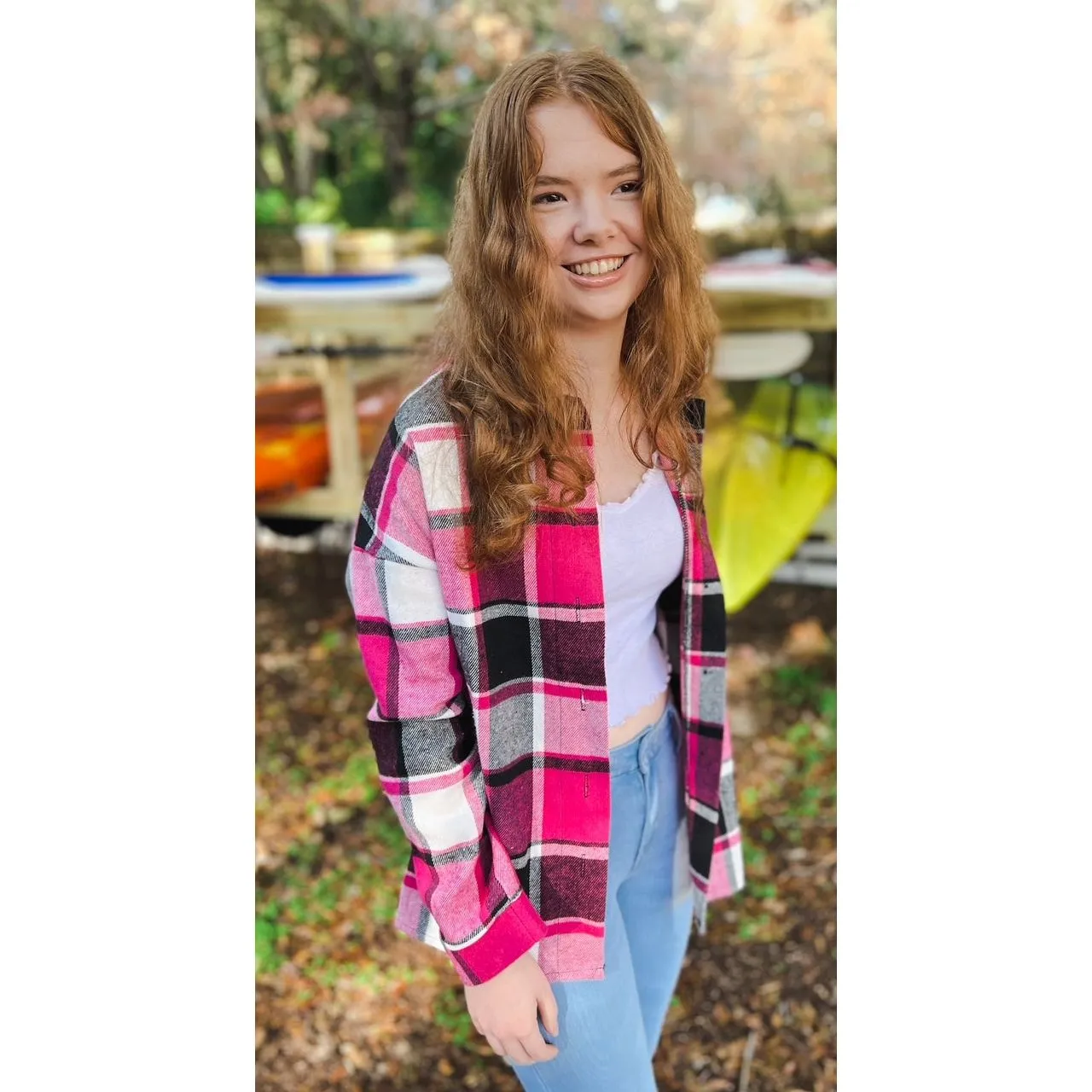 OBX brand Plaid Flannel Jacket Shacket in Black and Pink