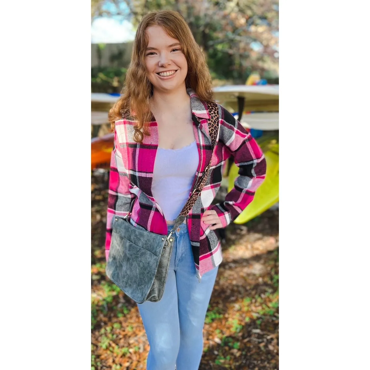 OBX brand Plaid Flannel Jacket Shacket in Black and Pink