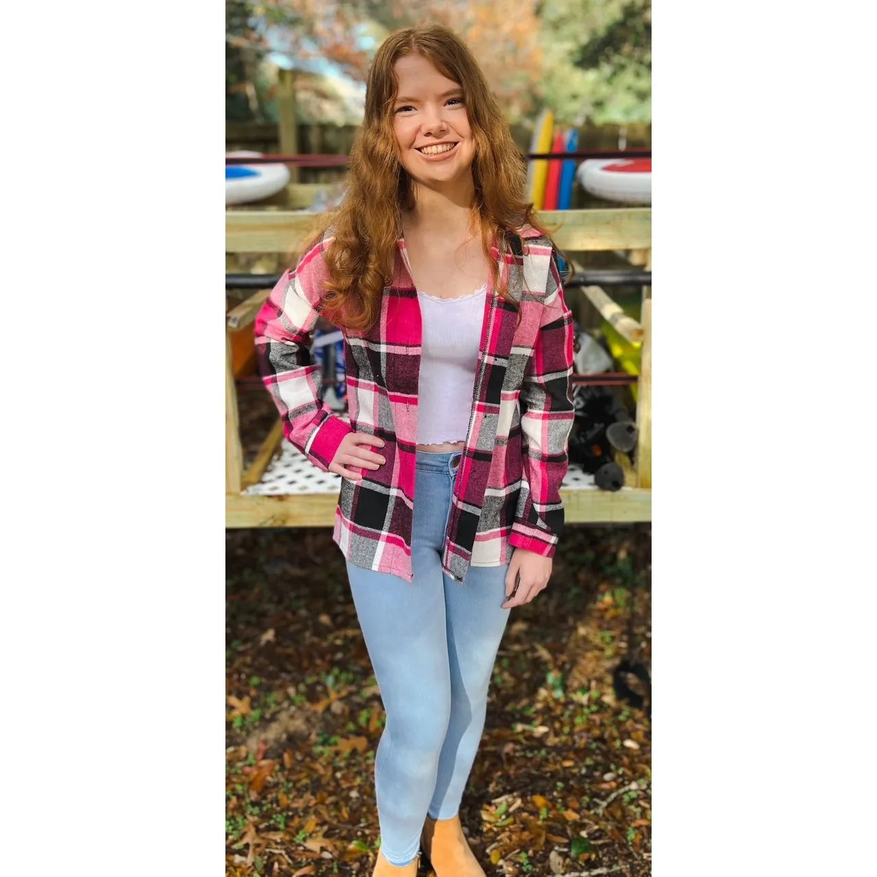 OBX brand Plaid Flannel Jacket Shacket in Black and Pink