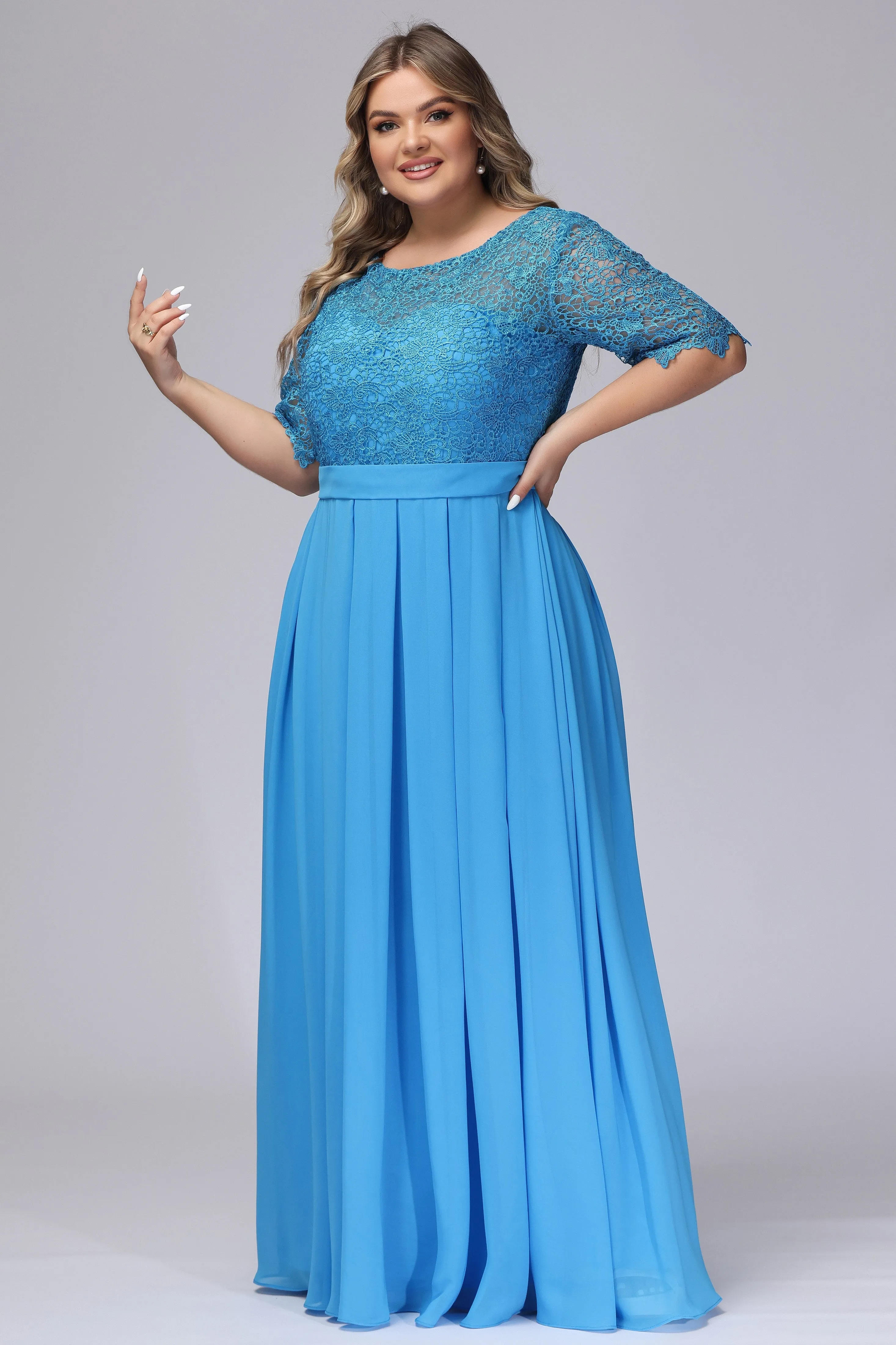 Ocean Blue Half Sleeves Scoop Lace Mother of the Bride Dresses